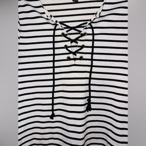 Versatile Black and White Striped Lace Up Top